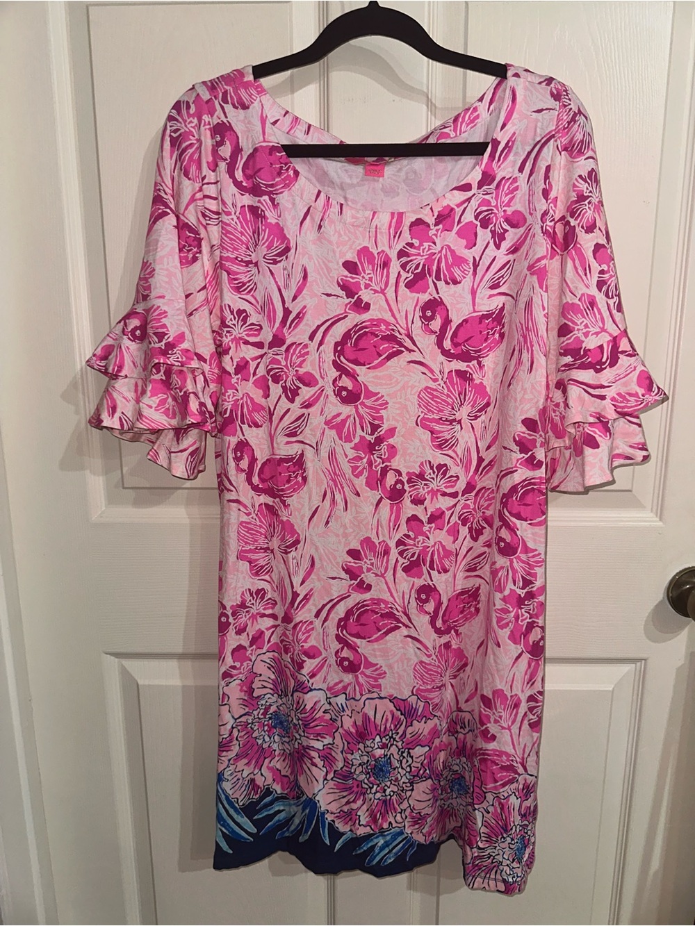 Lilly Pulitzer Pink Floral flamingo Ruffle-Sleeve Dress XL summer beach vacation